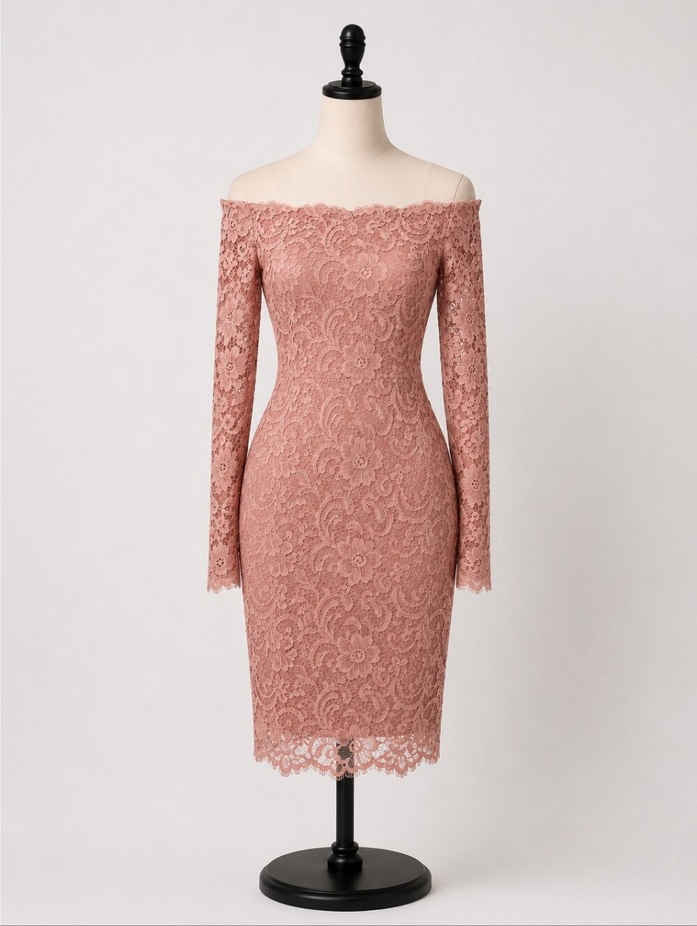 Ambiance Rose Pink Off Dhoulder With Long-Sleeve Lace Sheath Dress